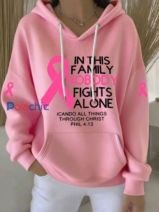 Sweat à capuche décontracté imprimé ruban rose pour femmes Rose / S