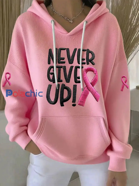 Sweat à capuche décontracté imprimé ruban rose pour femmes Rose / S