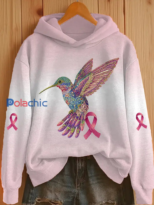 Sweat à capuche décontracté imprimé ruban rose pour femmes Rose / S