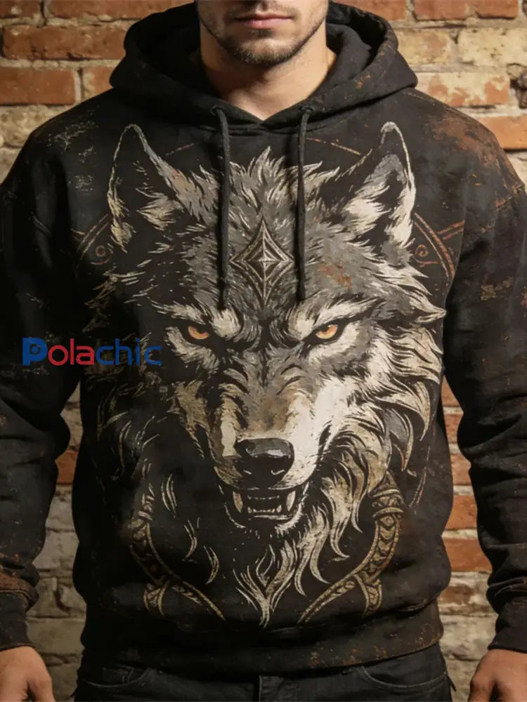 Sweat à capuche décontracté Viking Animal Print pour hommes Noir / S