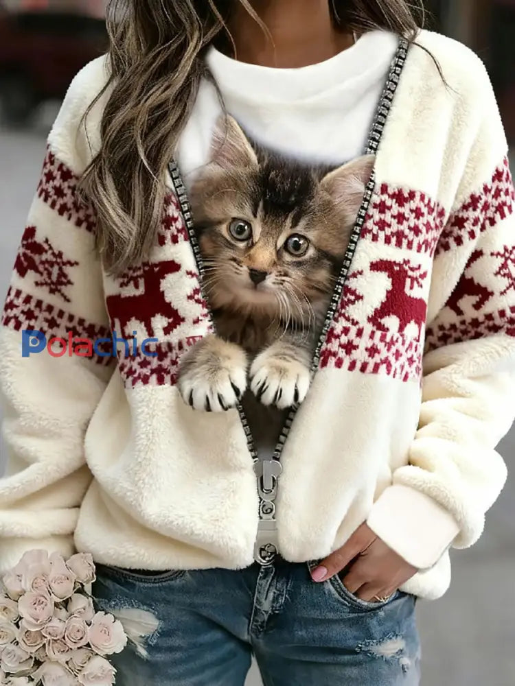 Sweat à capuche en flanelle chat de Noël pour femme comme image / S