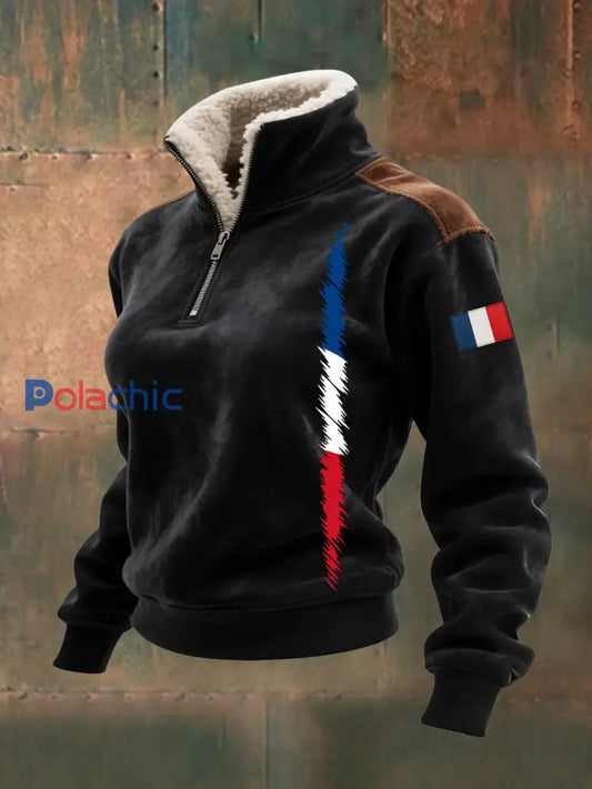 Sweat à Capuche Femme Imprimé Français Avec Col En Fourrure Noir / S