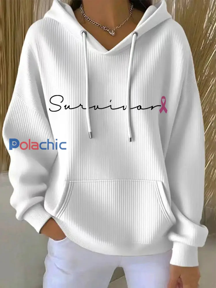 Sweat à Capuche Femme Imprimé Ruban Rose Survivor Blanc / S