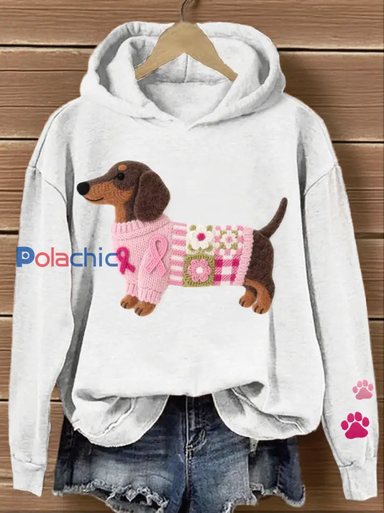 Sweat à Capuche Femme Motif Teckel en Feutre Art Blanc / S