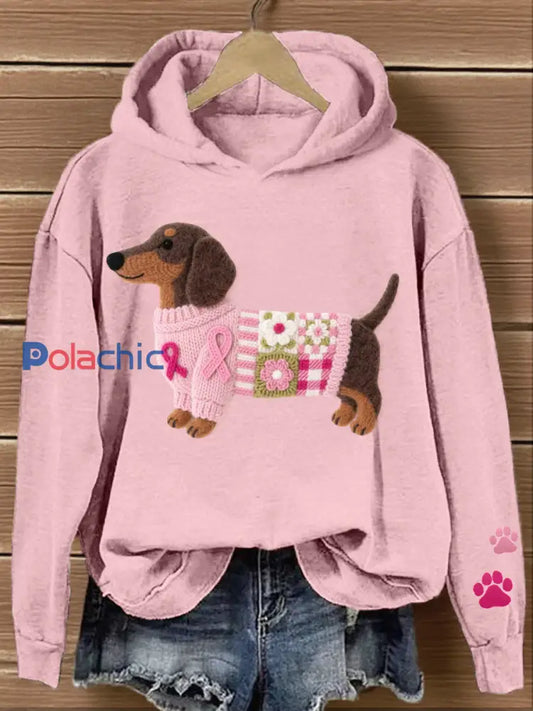 Sweat à Capuche Femme Motif Teckel en Feutre Art Rose / S