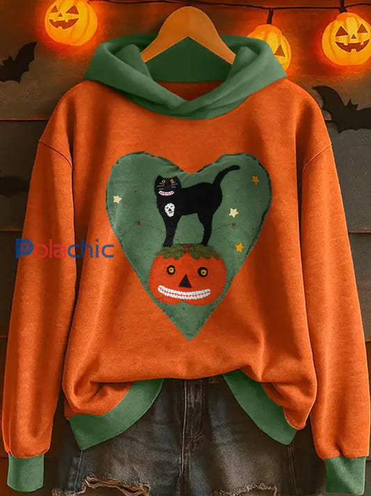 Sweat à Capuche Femme Noir Chat Et Citrouille Patchwork Art comme image / S