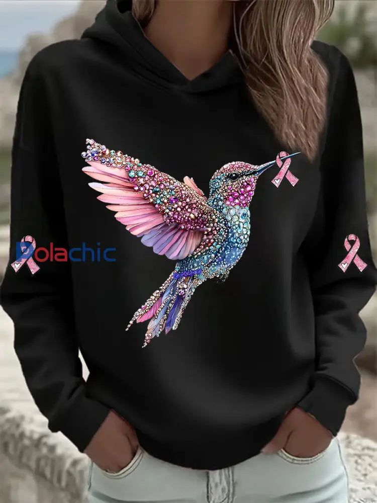 Sweat à Capuche Femme Rose Imprimé Colibri Noir / S