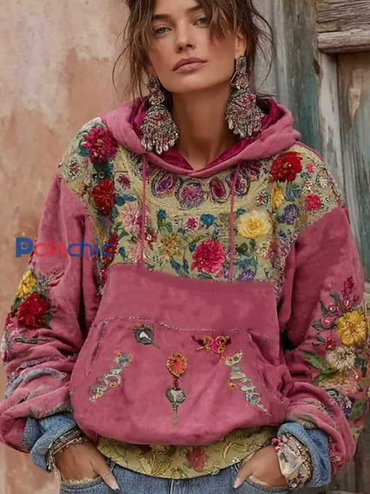 Sweat à capuche à imprimé floral botanique pour femme Rose / S