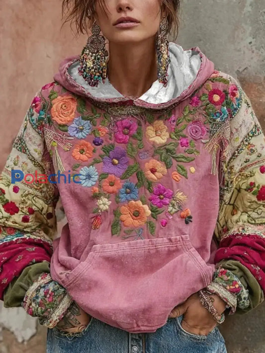 Sweat à capuche à imprimé floral botanique pour femme Rose / S