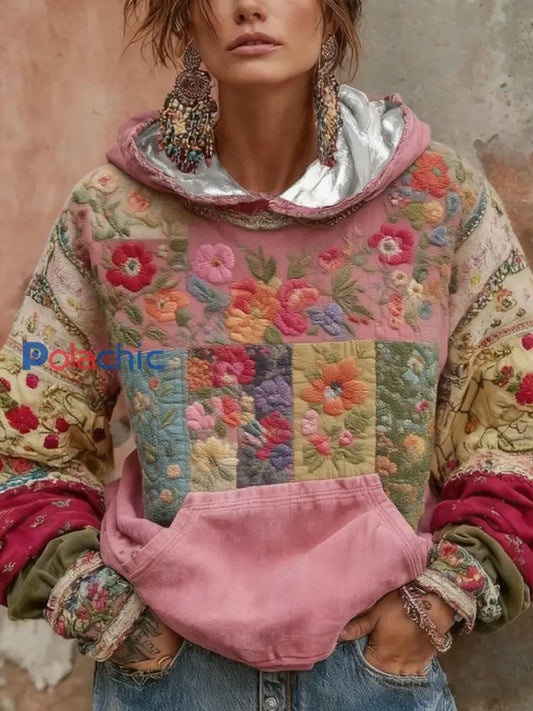 Sweat à capuche à imprimé floral botanique pour femme Rose / S