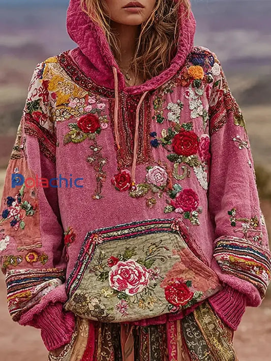 Sweat à capuche à imprimé floral botanique pour femme Rose / S