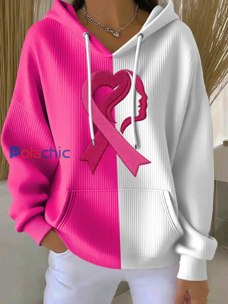 Sweat à capuche à imprimé sensibilisation au cancer du sein pour femmes Blanc / S