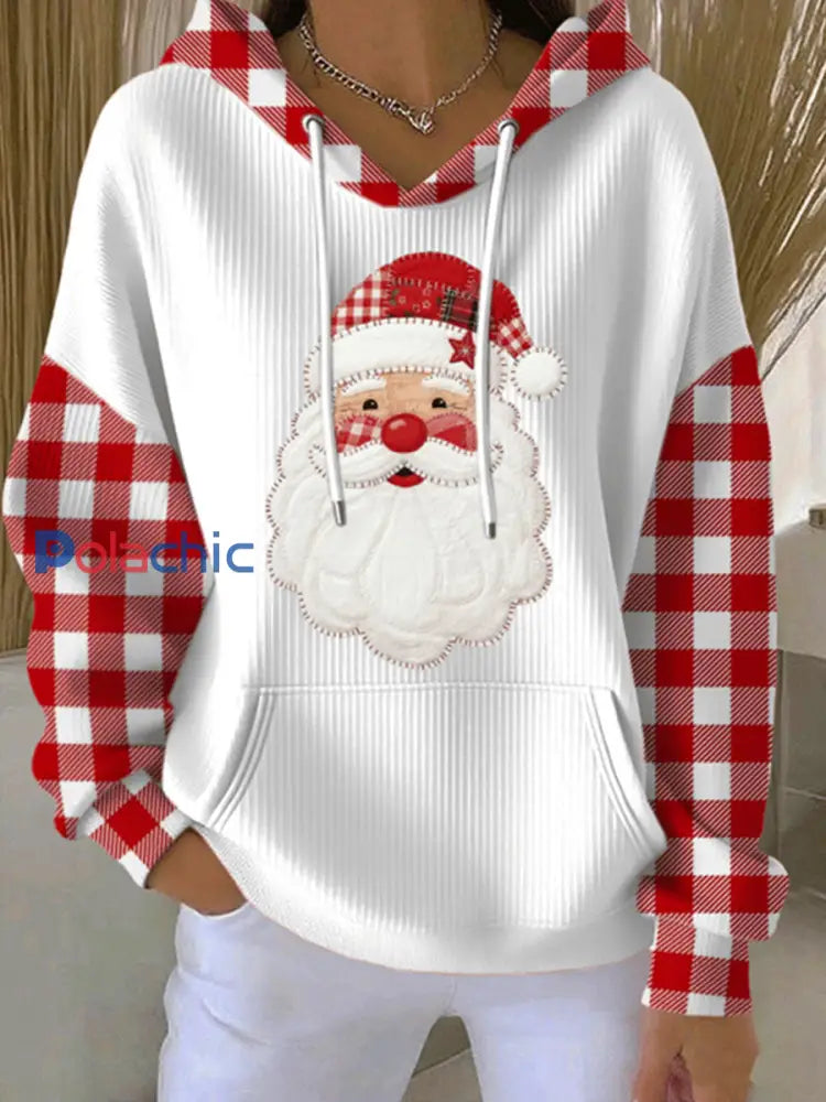 Sweat à Capuche à Motif Plaid Père Noël Femme Blanc / S