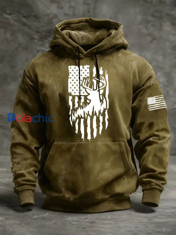 Sweat à capuche Western Deer Flag Homme vert d’armée / S
