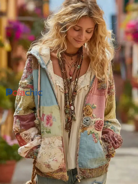 Sweat à capuche zippé imprimé fleurs femme comme image / S
