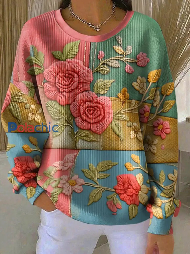 Sweat Femme Rétro Art Floral Côtelé Col Rond comme image / S