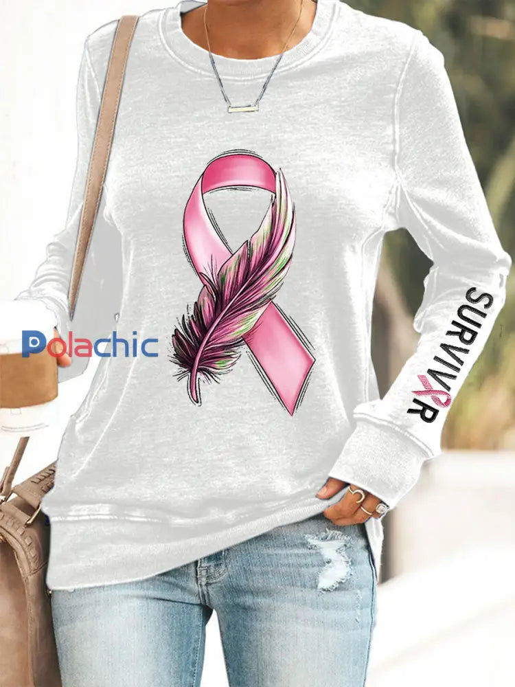 Sweat Femme Ruban Rose Sensibilisation Au Cancer Du Sein Blanc / S