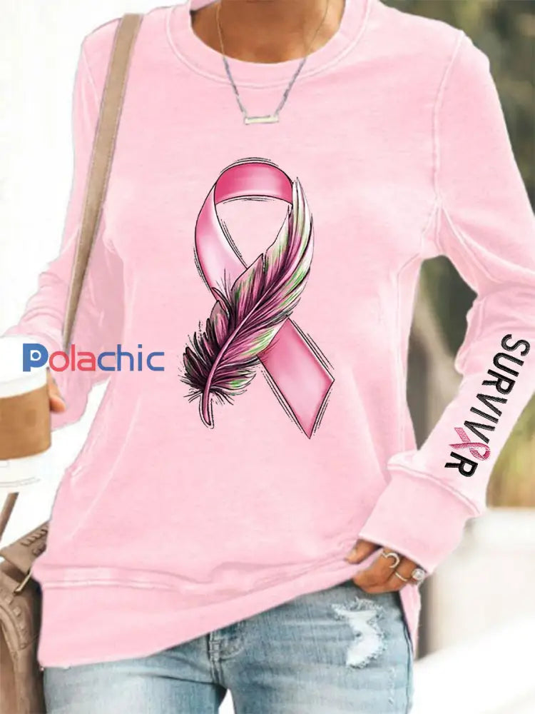Sweat Femme Ruban Rose Sensibilisation Au Cancer Du Sein Rose Clair / S
