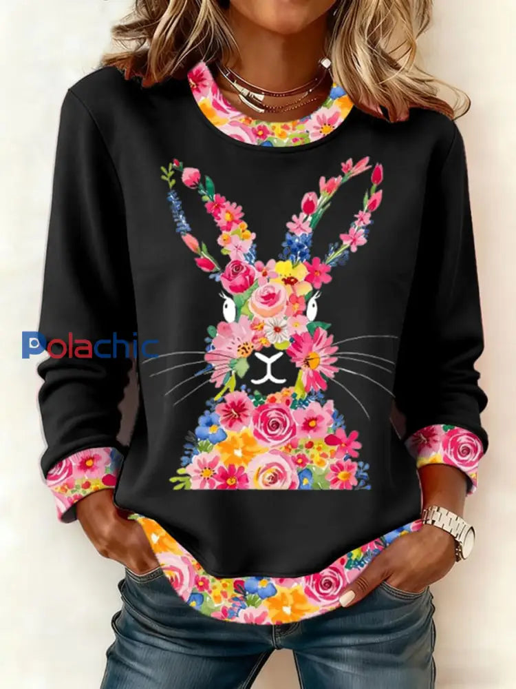 Sweat-shirt décontracté avec imprimé lapin de Pâques pour femmes Noir / S