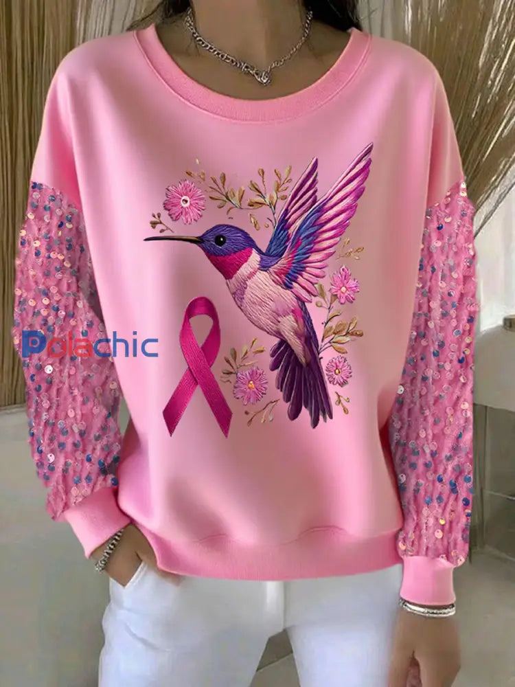 Sweat-shirt Décontracté Femme Rose Imprimé Colibri Rose / S