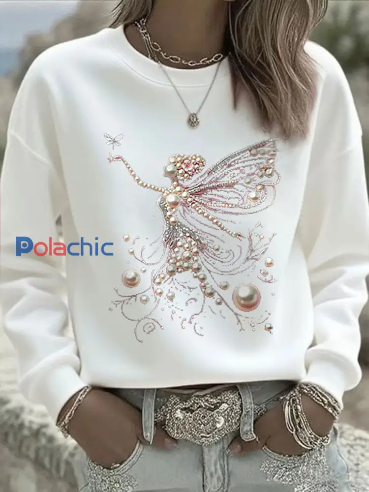 Sweat shirt Décontracté Femme Rose Imprimé Perle Blanc / S