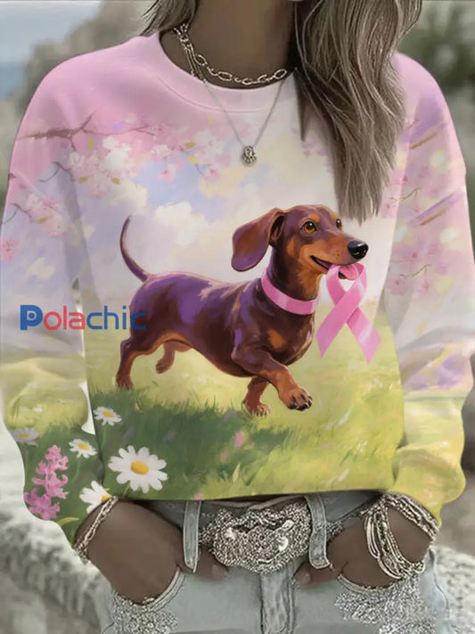 Sweat shirt Décontracté Femme Rose Ruban et Chien Imprimé comme image / S