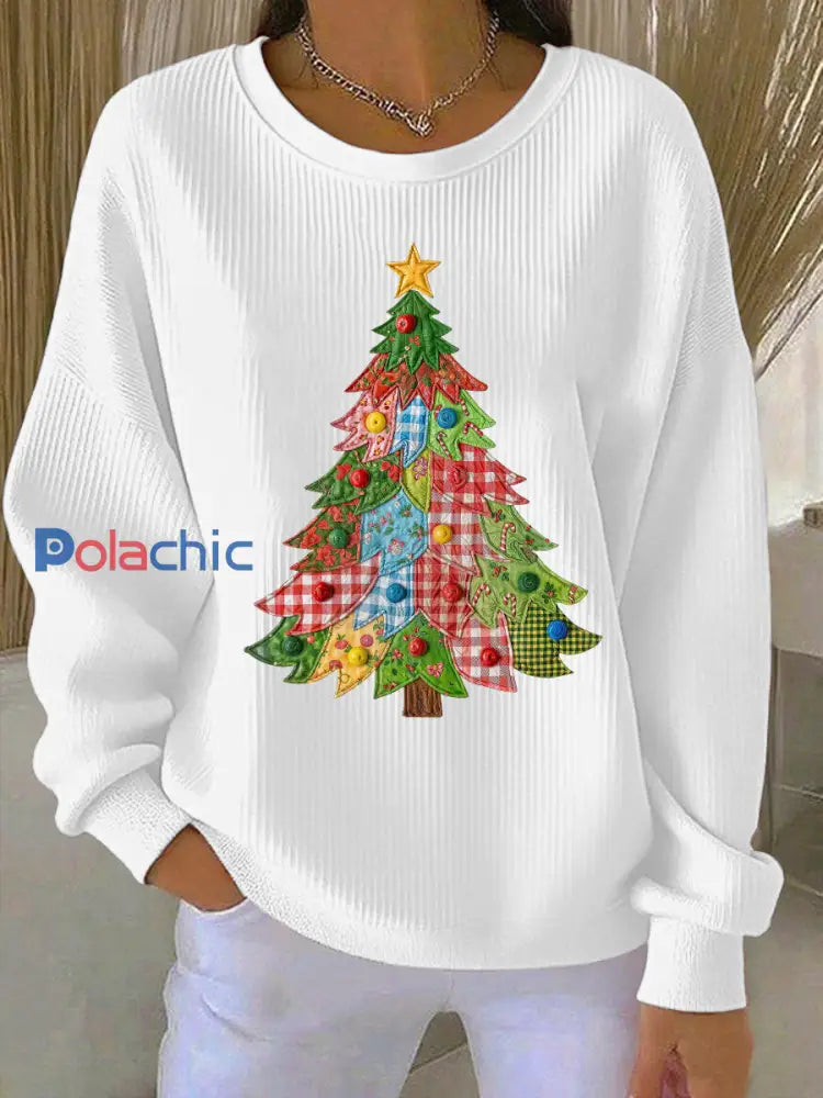 Sweat-shirt Décontracté Imprimé Arbre de Noël Femme Blanc / S