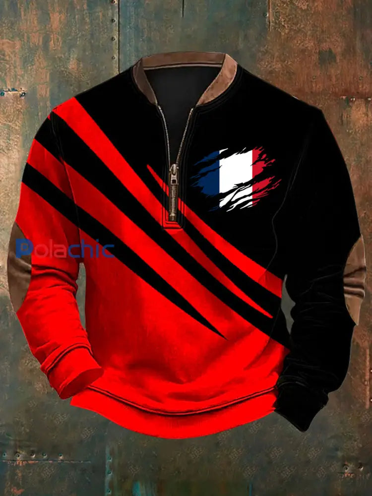 Sweat-shirt décontracté imprimé drapeau de la France pour hommes rouge / S