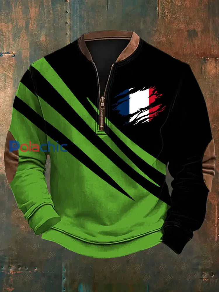 Sweat-shirt décontracté imprimé drapeau de la France pour hommes vert / S