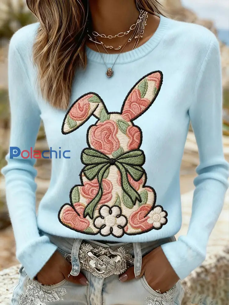 Sweat-shirt décontracté imprimé lapin de Pâques pour femmes Bleu / S