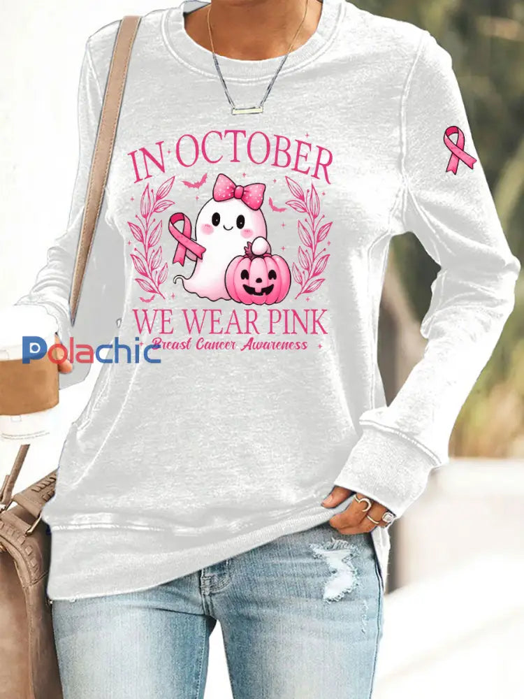 Sweat-shirt décontracté imprimé rose In october We Wear pour femme Blanc / S