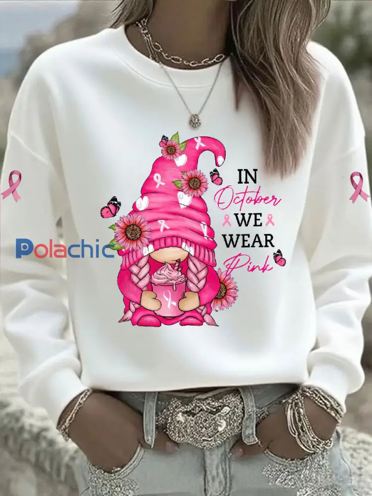 Sweat-shirt Décontracté Imprimé Ruban Rose Pour Femme Blanc / S