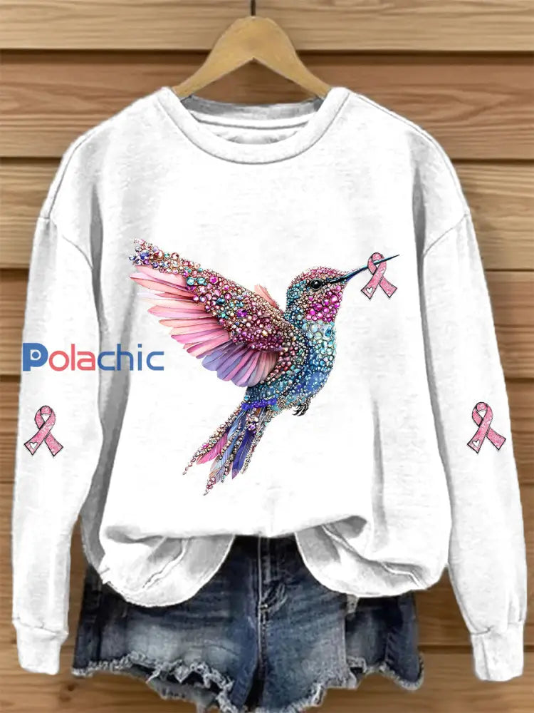 Sweat shirt Décontracté Imprimé Ruban Rose Pour Femme Blanc / S