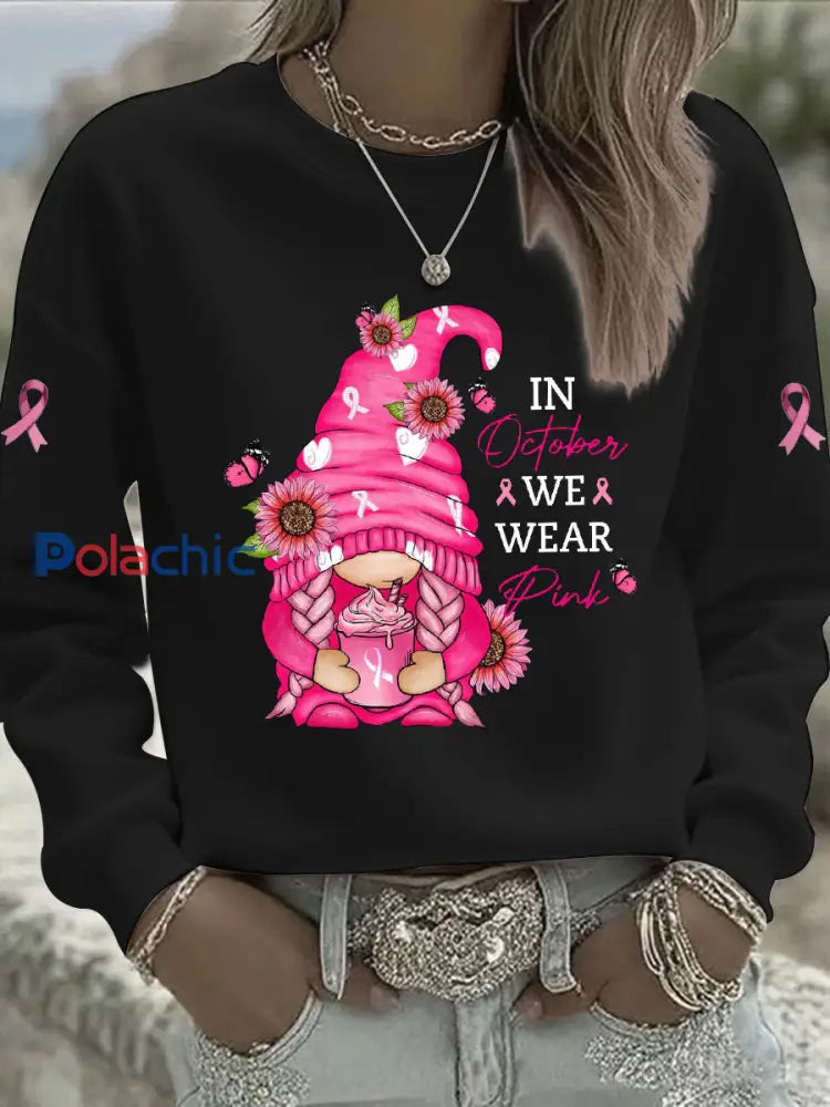 Sweat-shirt Décontracté Imprimé Ruban Rose Pour Femme Noir / S