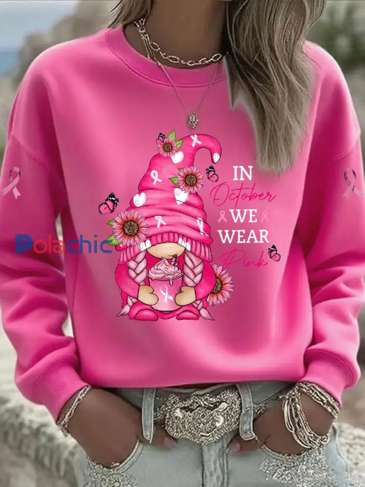 Sweat-shirt Décontracté Imprimé Ruban Rose Pour Femme Rose Rouge / S