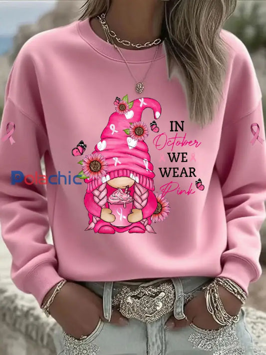 Sweat-shirt Décontracté Imprimé Ruban Rose Pour Femme Rose / S