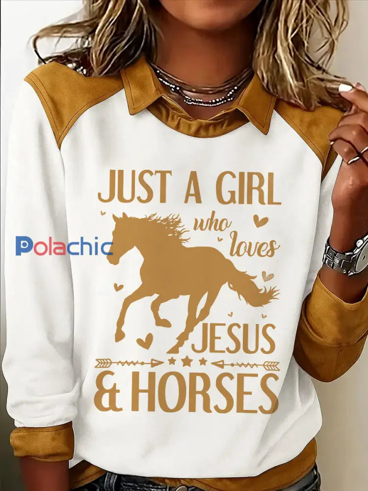 Sweat-shirt décontracté pour femmes Just A Girl Who Loves Jesus And Horses Print Blanc / S