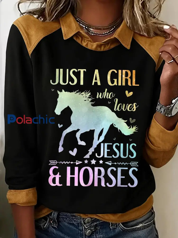 Sweat-shirt décontracté pour femmes Just A Girl Who Loves Jesus And Horses Print Noir / S