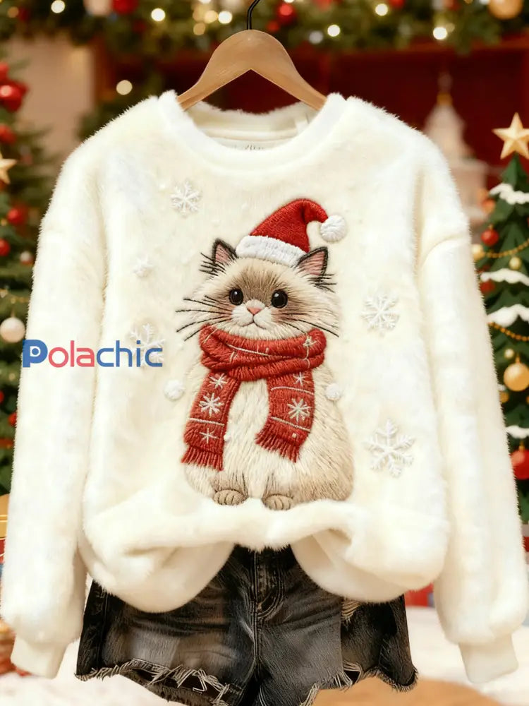 Sweat-shirt en flanelle décontracté imprimé chat de Noël pour femmes Blanc-Crémeux / S