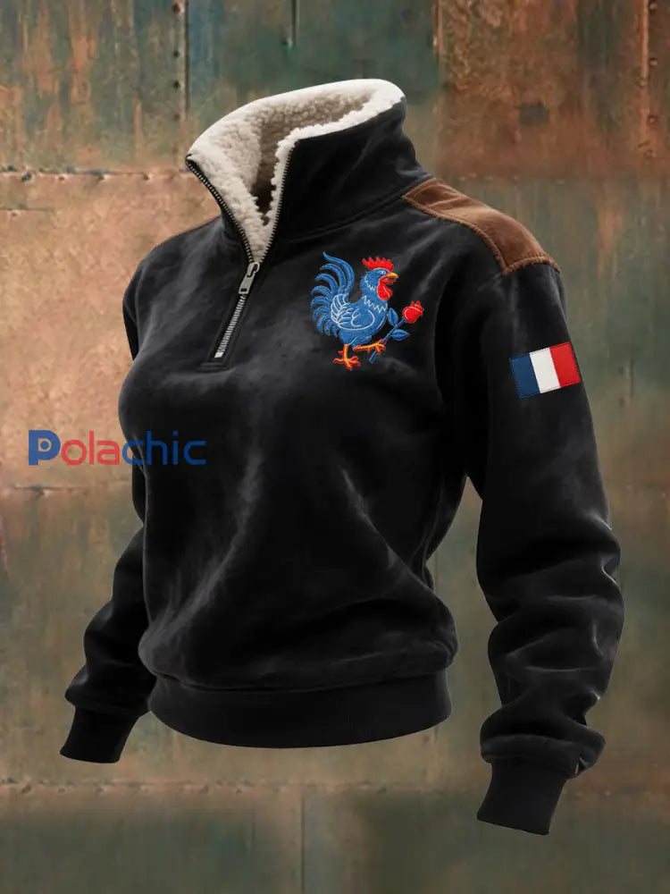 Sweat-shirt Femme à Capuche Imprimé Coq Gaulois Français Avec Fermeture Éclair Et Col En Fausse Fourrure Noir / S