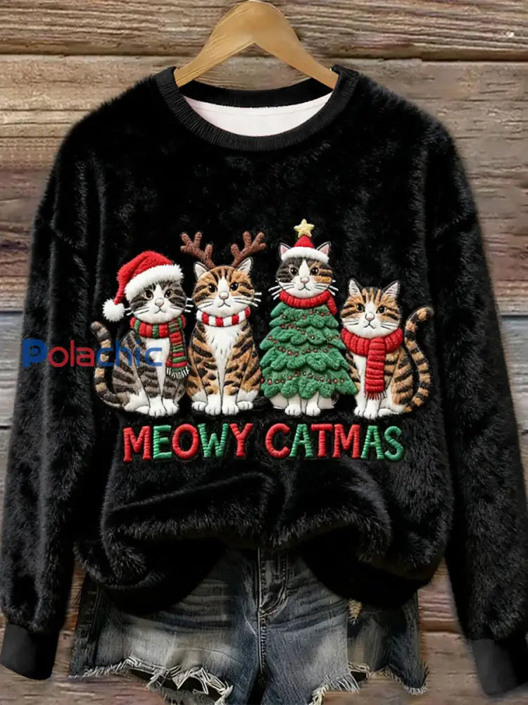 Sweat-shirt Femme En Flanelle Art De Chat De Noël Noir / S