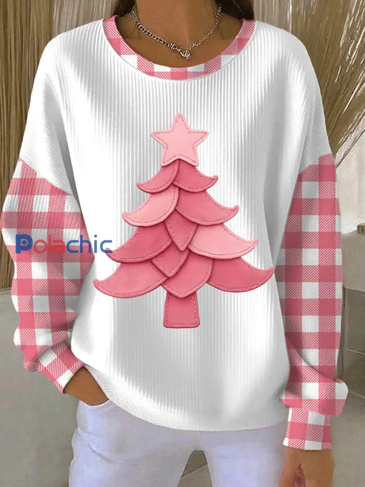 Sweat-shirt Femme Imprimé Arbre de Noël Côtelé à Col Rond Blanc / S