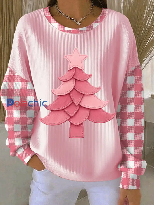 Sweat-shirt Femme Imprimé Arbre de Noël Côtelé à Col Rond Rose / S