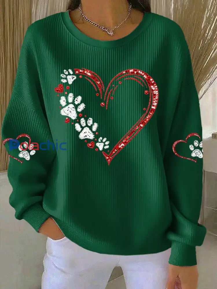 Sweat-shirt Femme Love Dog Paw Imprimé Vert / S