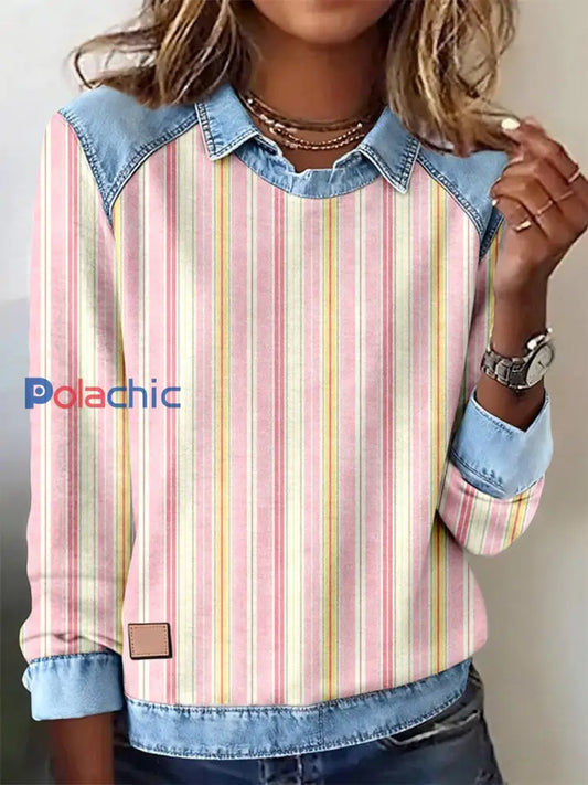 Sweat-shirt Femme Motif Rayé Rose Patchwork Art comme image / S