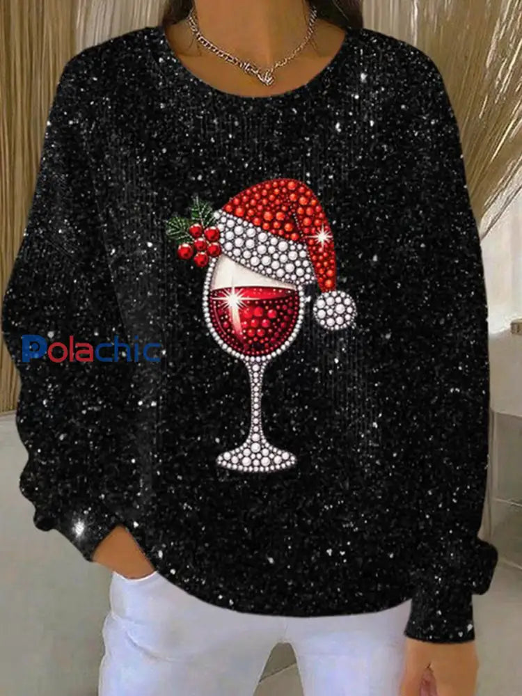 Sweat-shirt Femme Noël Rouge Verre à Vin Côtelé à Col Rond Noir / S