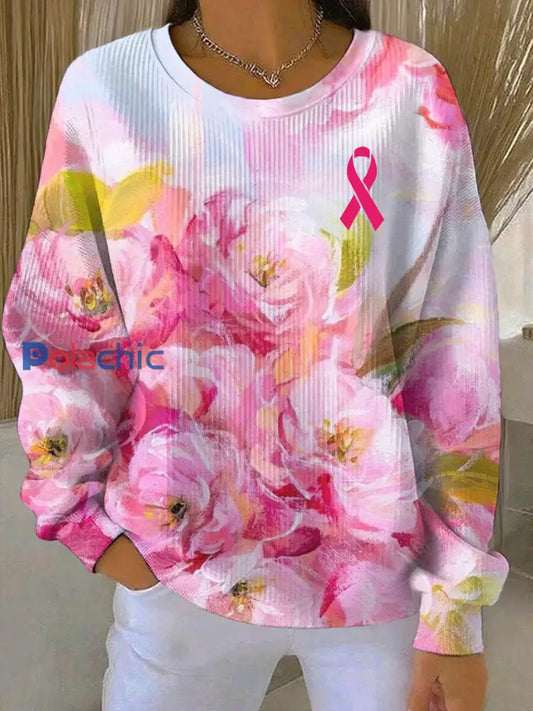 Sweatshirt Décontracté Femme Rose Imprimé Floral Cancer Du Sein comme image / S