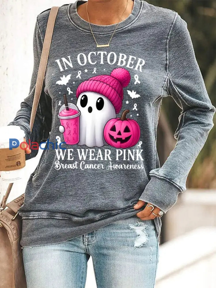 Sweatshirt Femme En Octobre Nous Portons Rose Sensibilisation au Cancer du Sein Gris / S