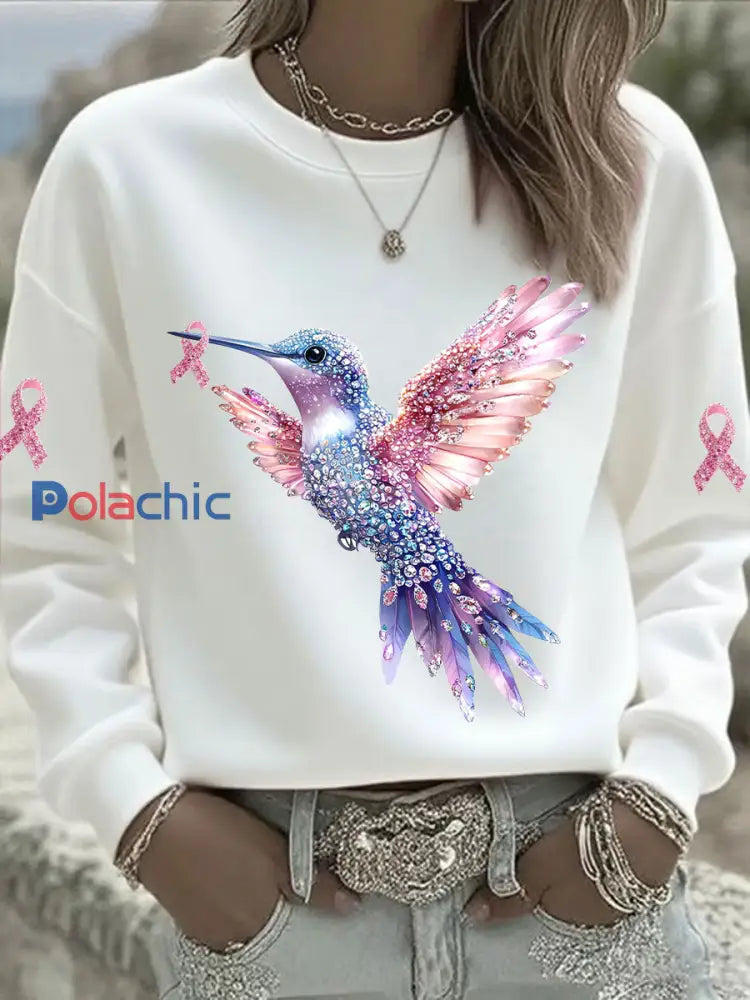 Sweatshirt Femme Rose Imprimé Colibri Blanc / S