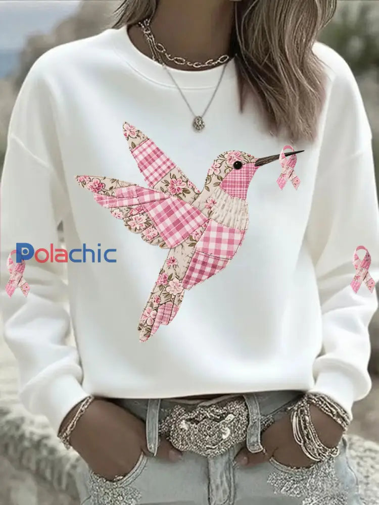 Sweatshirt Femme Rose Imprimé Colibri Blanc / S